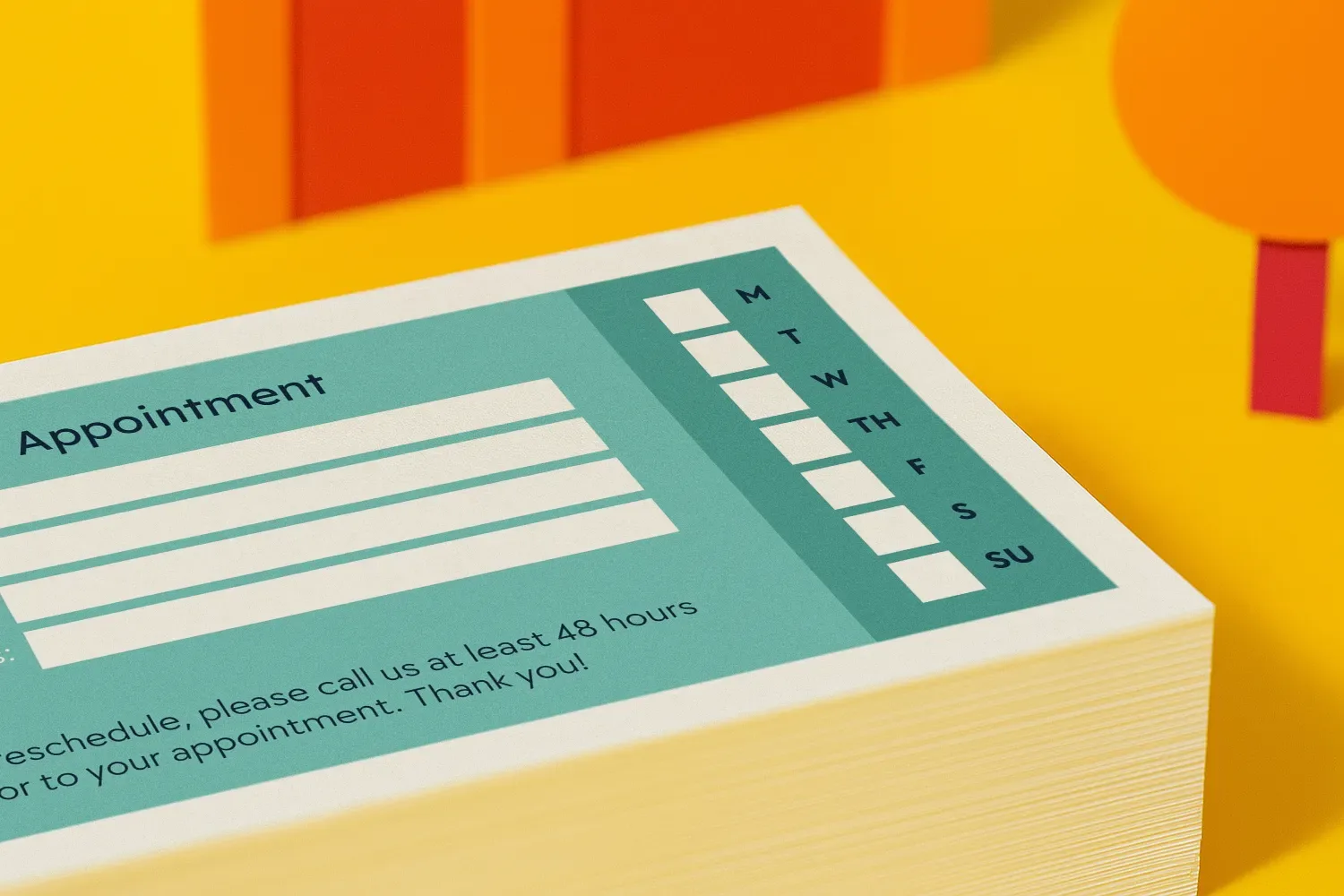 A stack of appointment cards on a yellow surface with an orange geometric background.