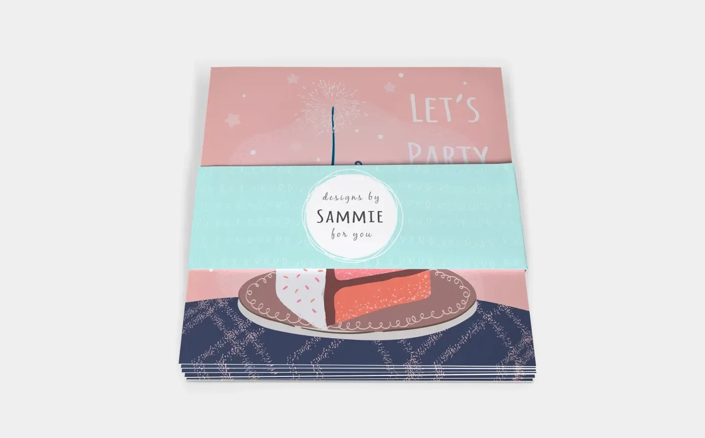 A set of birthday flyers wrapped in a belly band with a "designs by Sammie for you" logo