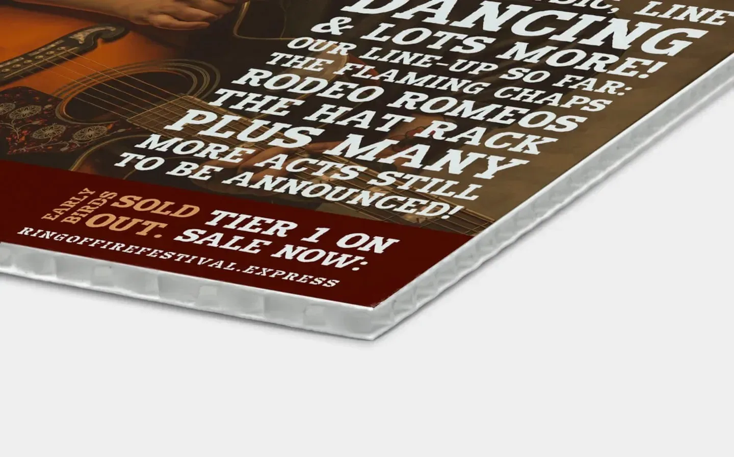Detailed view of the corner of a bubble board, featuring a prominent guitar player