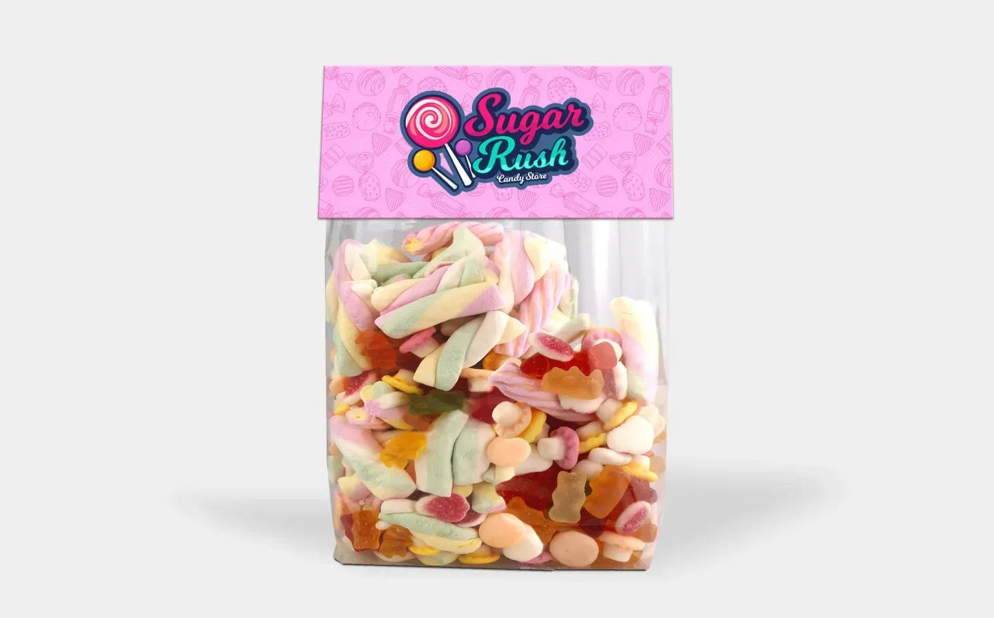 A bag of sweets featuring a pink bag topper card, with a logo reading "Sugar Rush Candy Store" in bold font