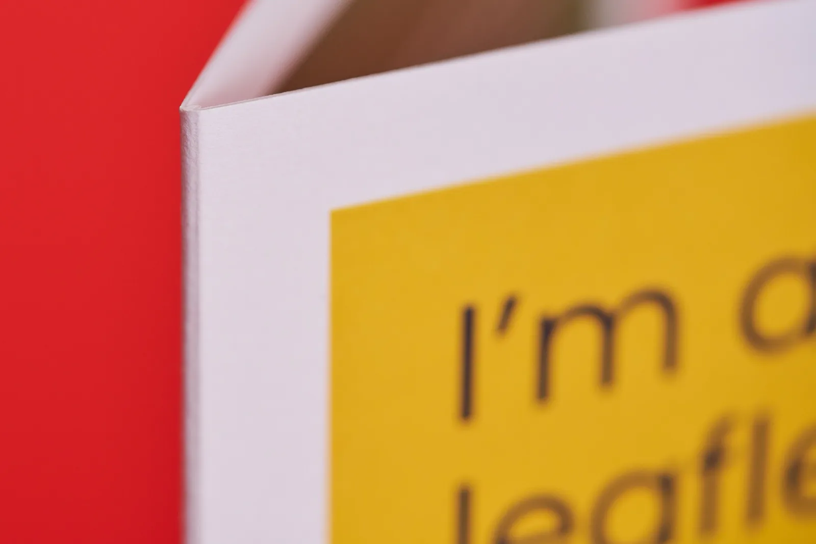 Close up of a folded leaflet with yellow print and black 'I'm' text on a bright red background.