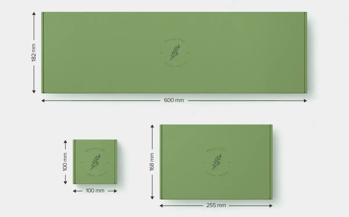 A trio of green postal boxes depicting the various sizes available