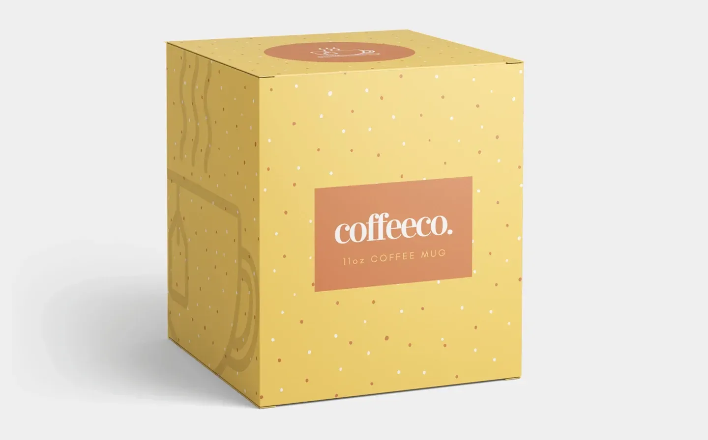 A bright mug box with a logo and an illustration of a coffee cup on the side, displayed on a blank background
