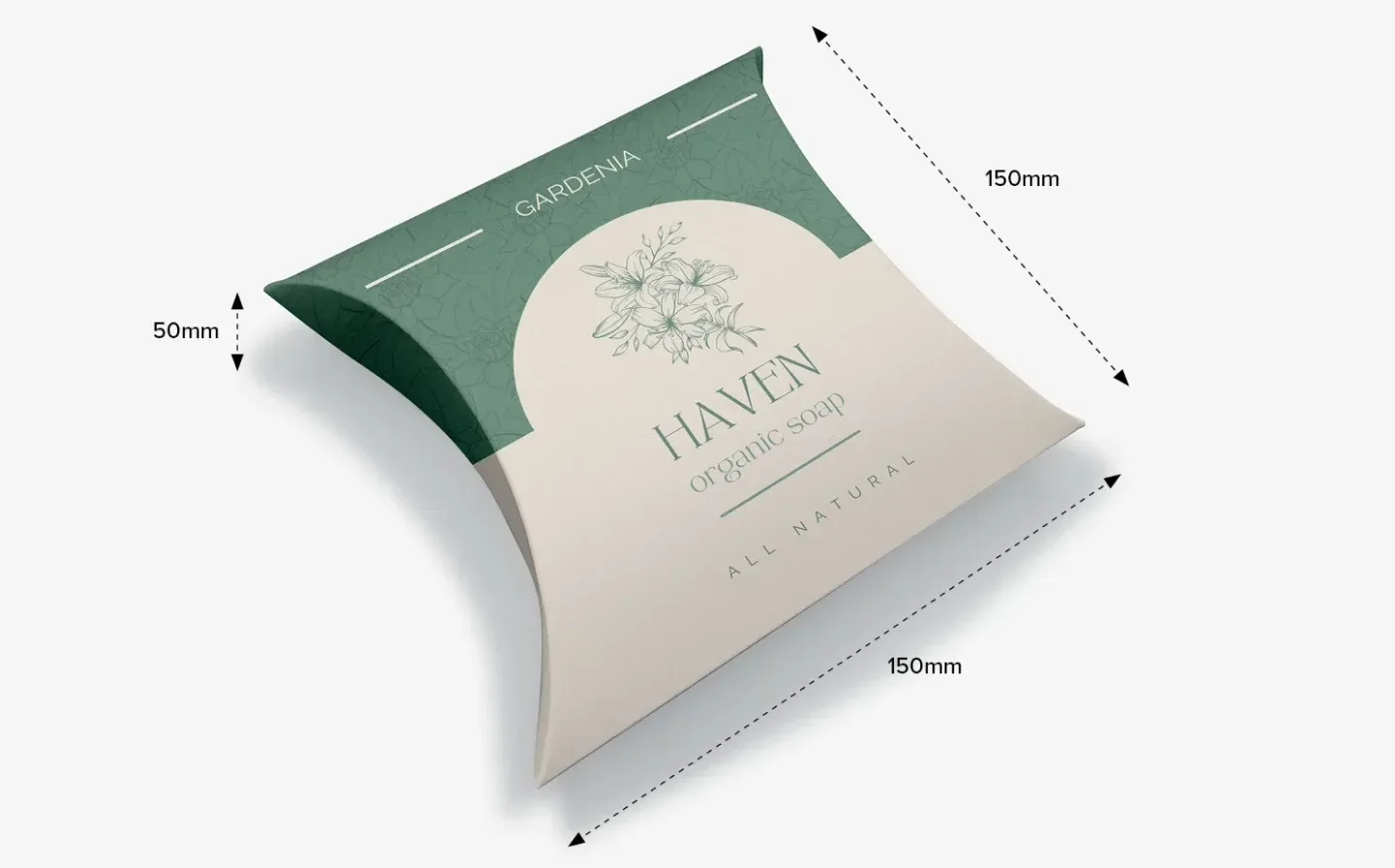 A large-sized pillow box for soap, featuring a green floral design, along with dimensions
