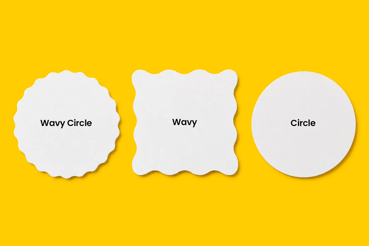 Three white paper shapes labeled "Wavy Circle," "Wavy," and "Circle" on a yellow background.