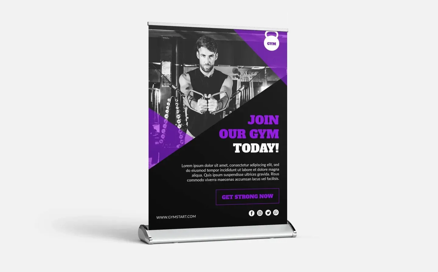A desktop roll-up banner featuring a striking purple and black design