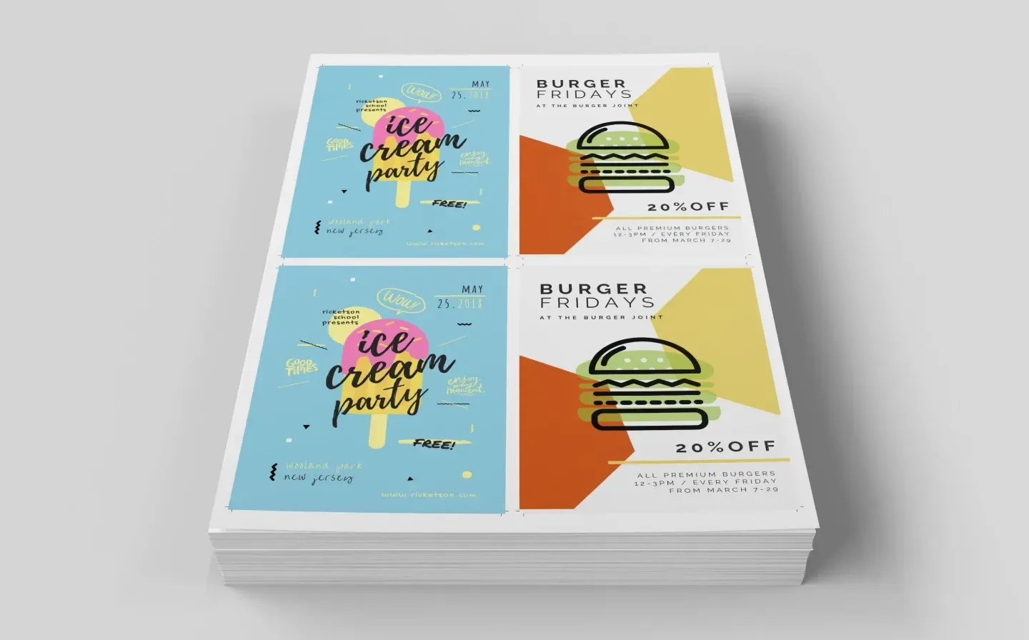 Two distinct poster designs printed on flat sheets showcasing unique styles and colours