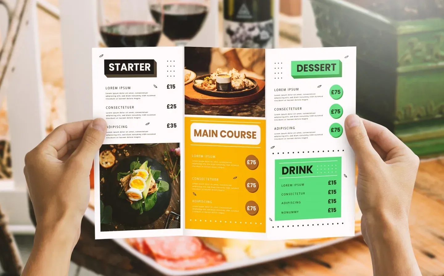 A person holding a folded menu featuring various food items, showcasing the dining options available