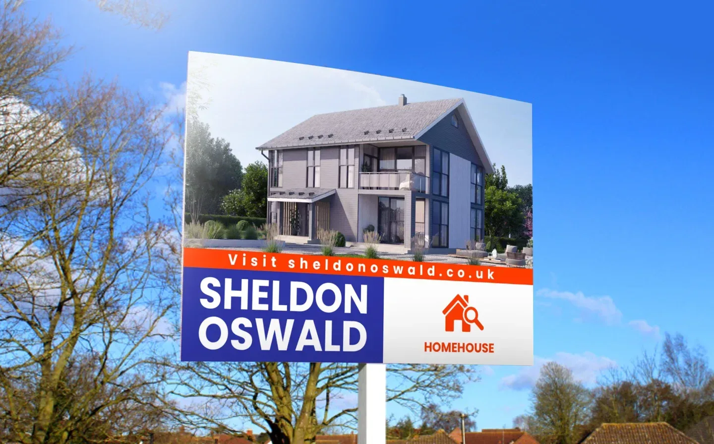 A for sale sign displaying "Sheldon Oswald" and an image of the estate agent house
