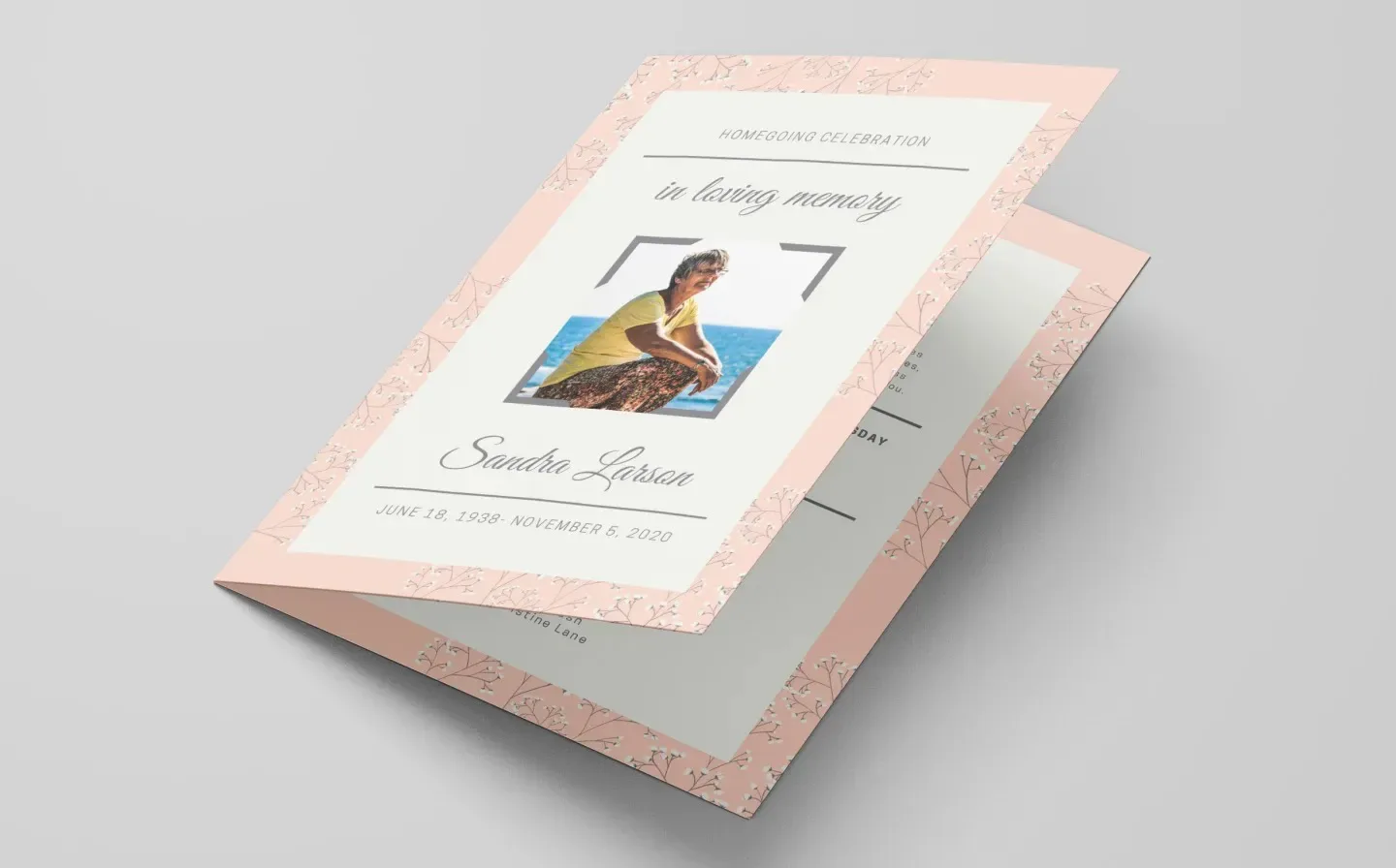A pink and white funeral program template designed for memorial services, featuring elegant floral accents and a serene layout