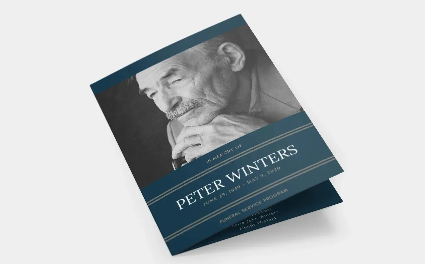 A funeral program template featuring a photo of a man in a suit, designed for a memorial card