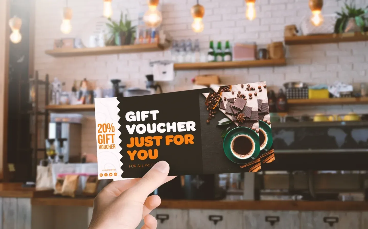 A woman holds a sleek gift voucher inside a rustic coffee shop, displaying the message "Gift Voucher Just For You"