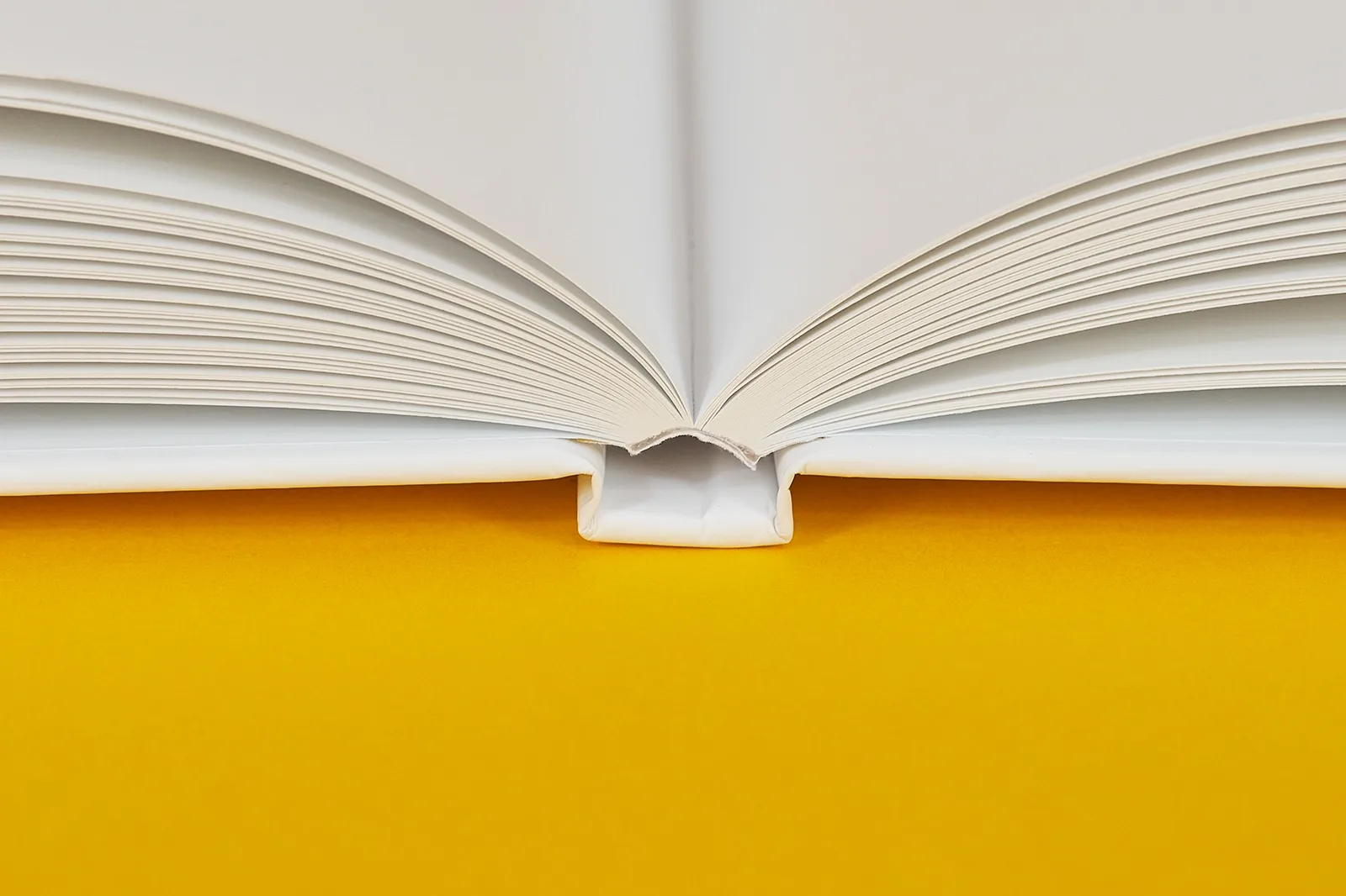 close up detail of a open printed hardback book with it's pages open and showing open spine on a bright yellow background