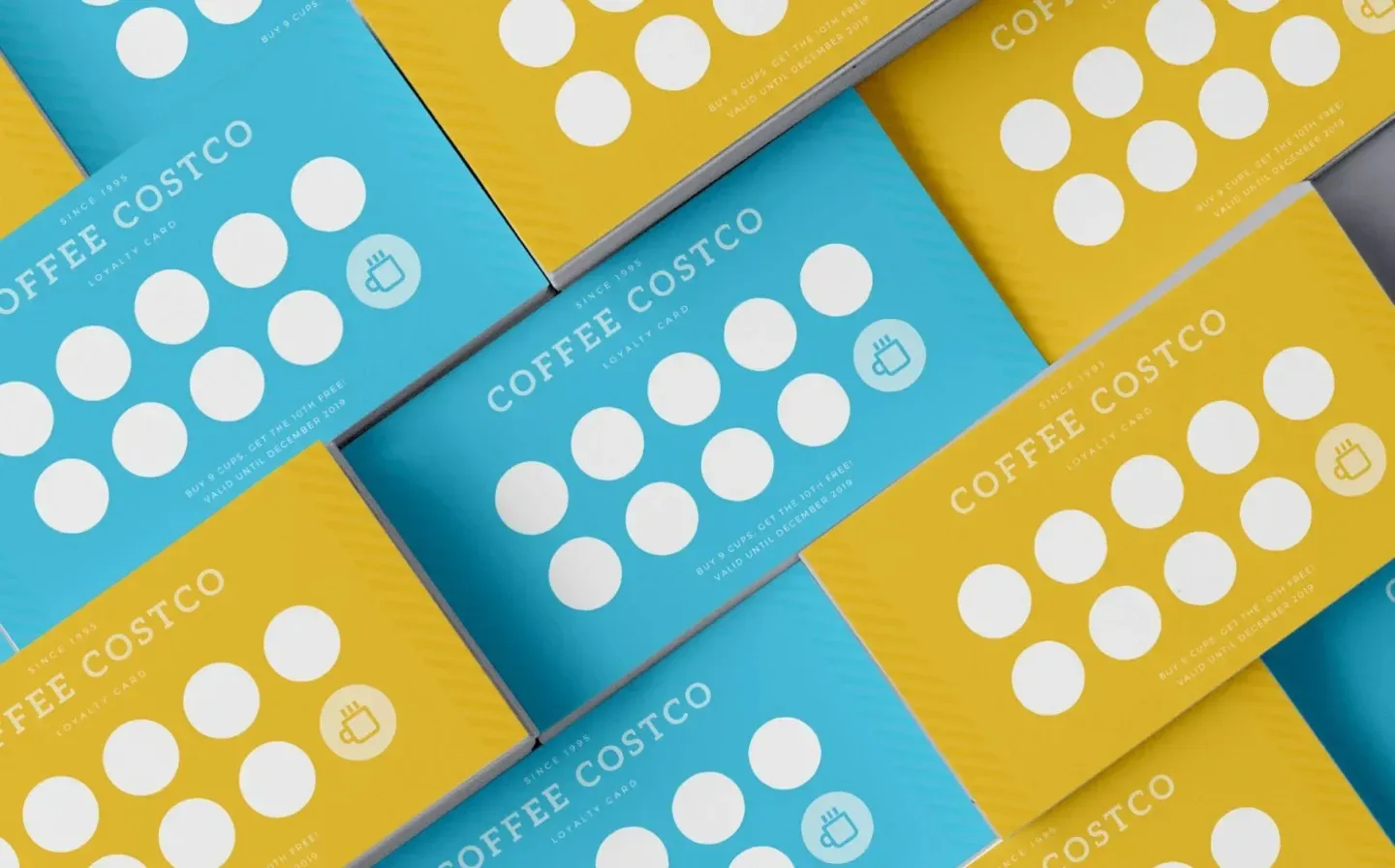 A collection of coffee loyalty business cards featuring vibrant designs and branding elements for a café