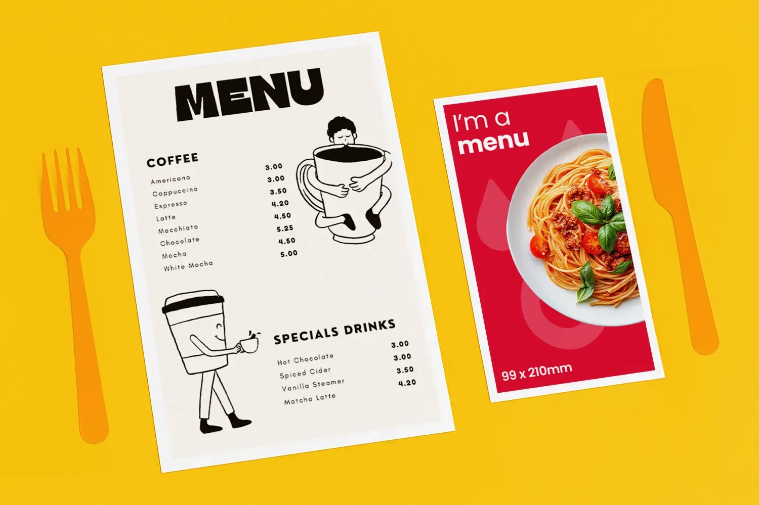 Two menus on a yellow table with orange utensils; one for coffee, one for cocktails.