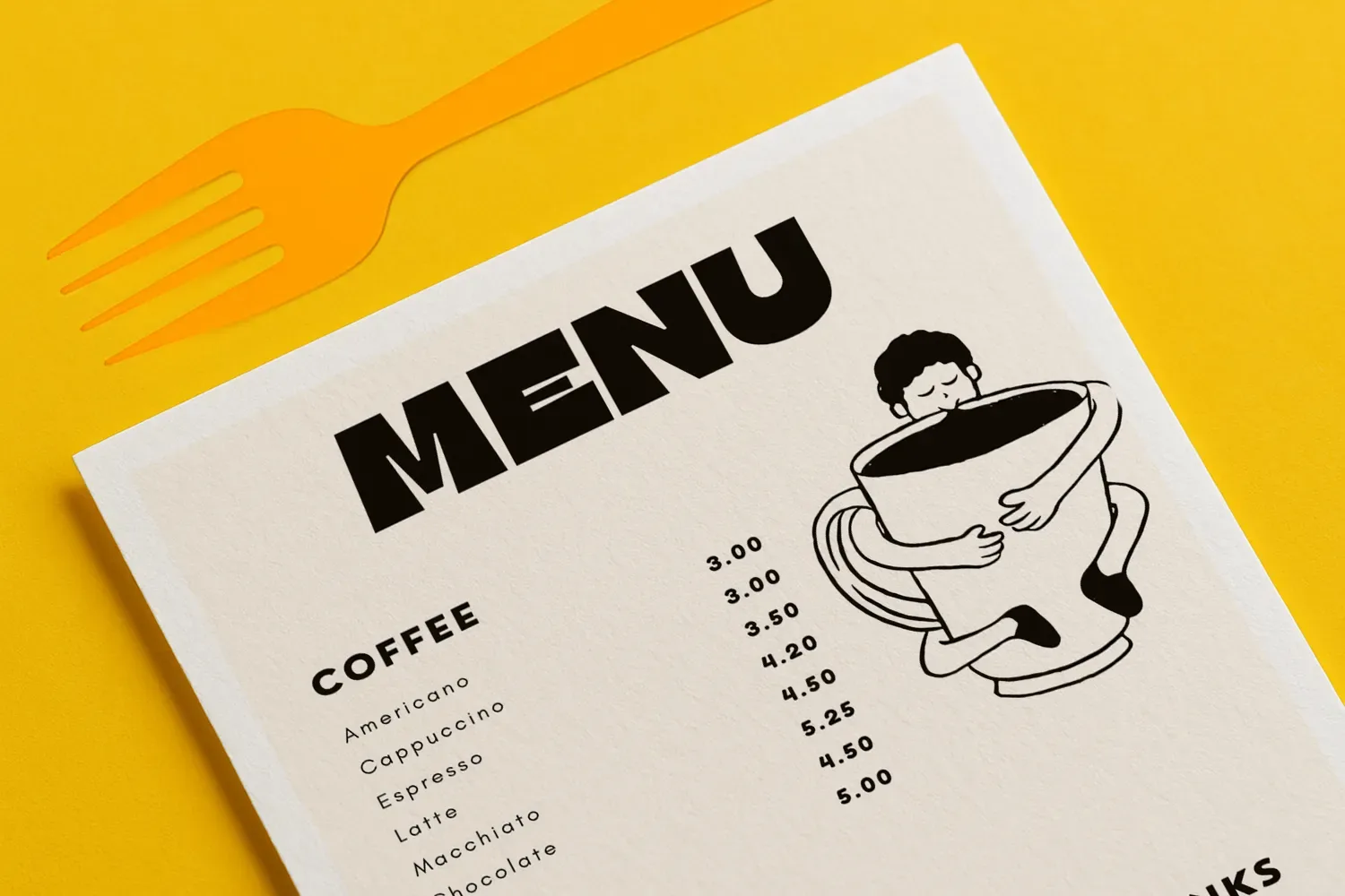 A menu on yellow background with coffee options and a cartoon person hugging a coffee cup.