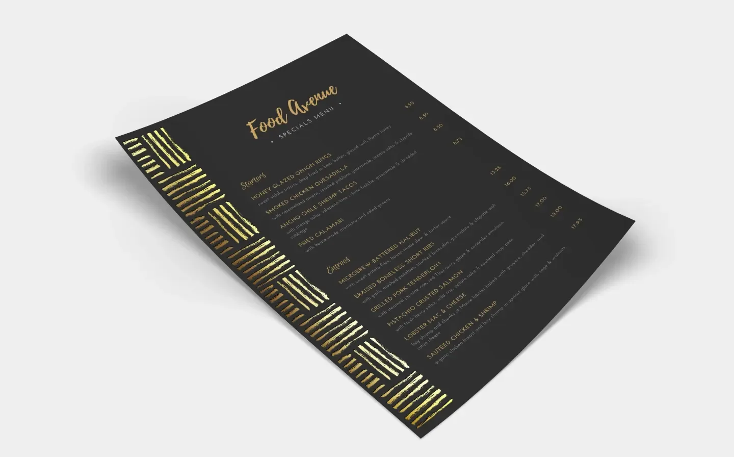 A stylist black and gold menu adorned with a luxurious gold foil design