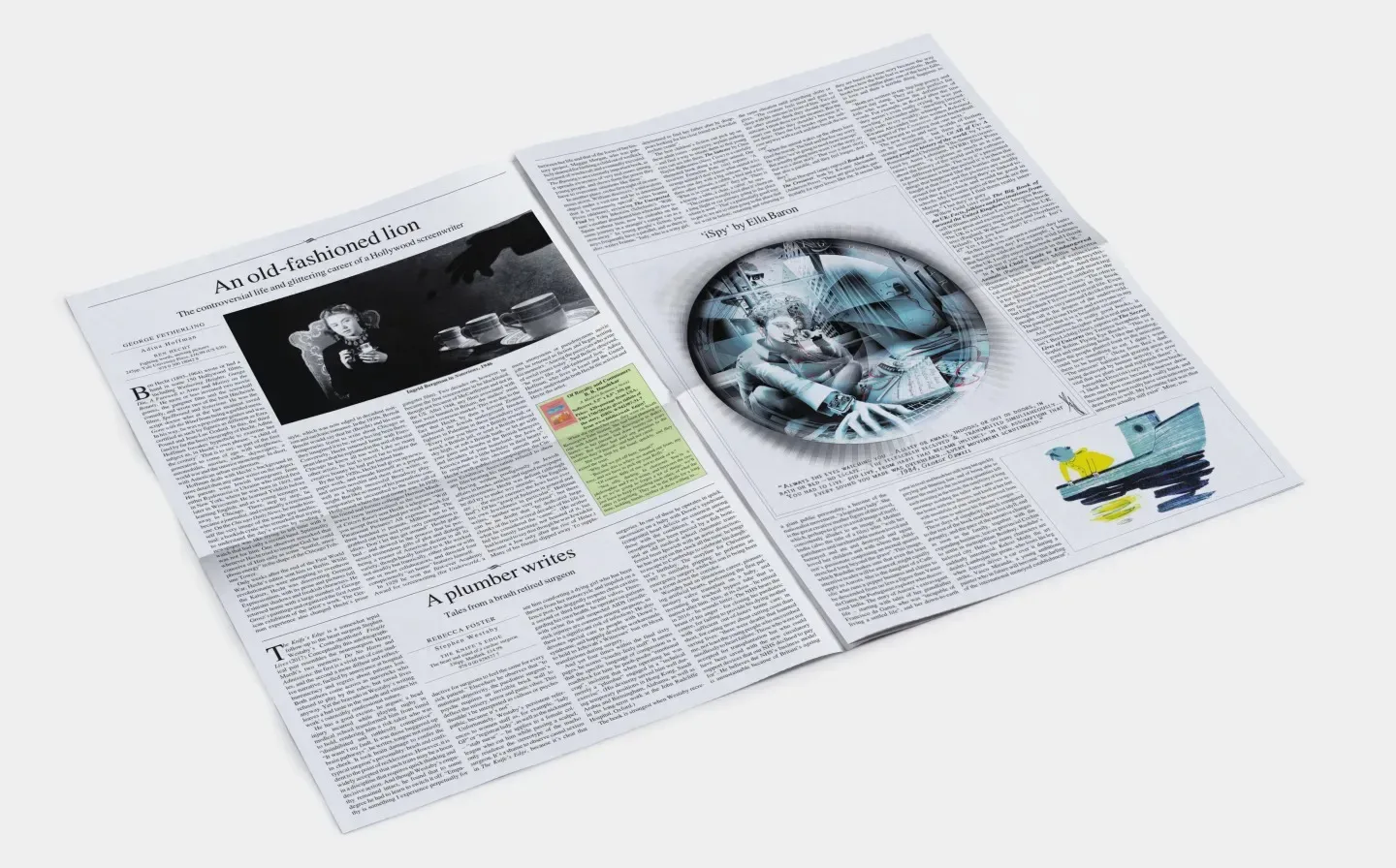 A newspaper spread featuring a prominent image of a man, showcasing news and articles on the surrounding pages