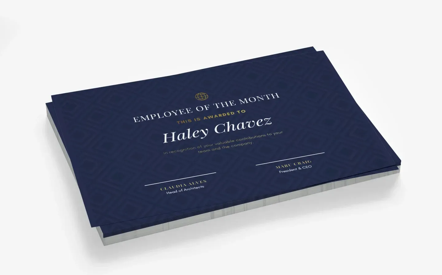 Award certificate template for employee of the month with designated areas for personalisation