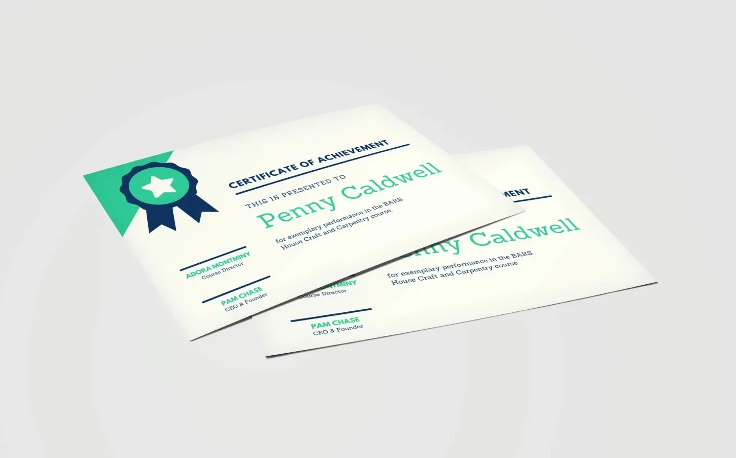  A stack of colourful achievement certificates in blue and green