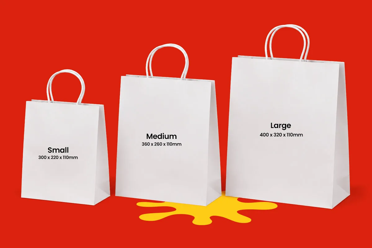 Small, medium, and large white shopping bags with dimensions on a red background.