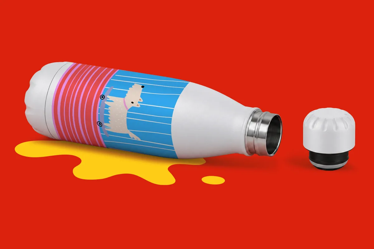 White water bottle with a polar bear design, tipped over and leaking yellow liquid on red surface.