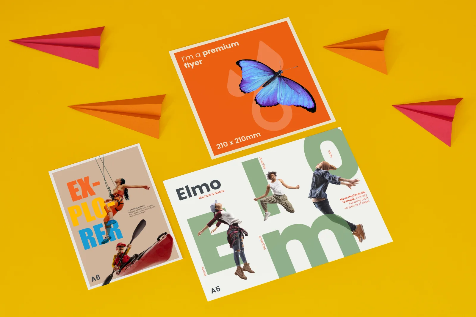 3 printed premium flyers, A6 portrait with wording 'explorer', A4 landscape with wording 'elmo' and dancers and a 210x210mm bright orange flyer with a bright blue butterfly on a bright yello