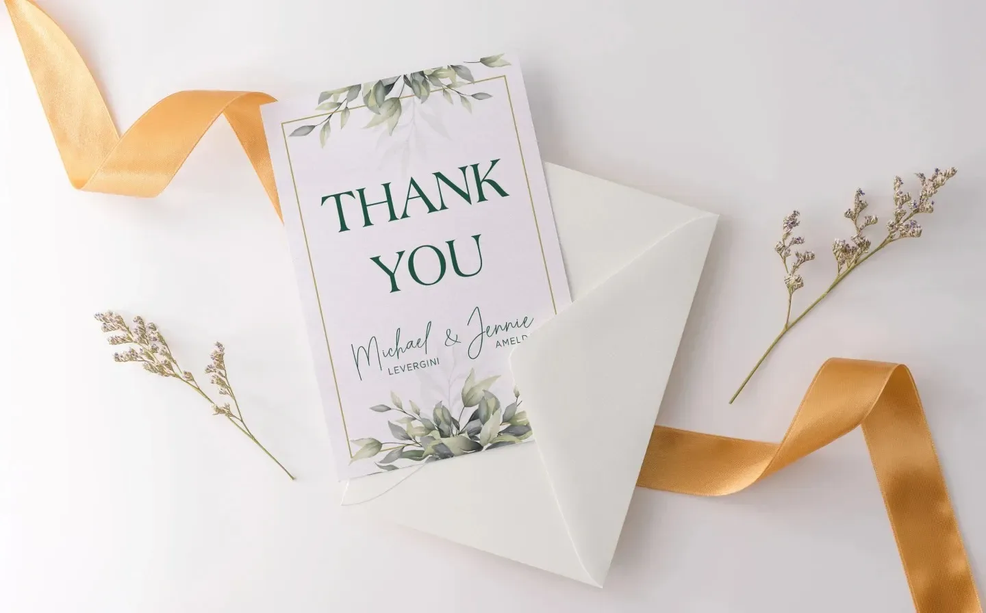 Elegant wedding thank you card featuring floral designs, expressing gratitude to guests