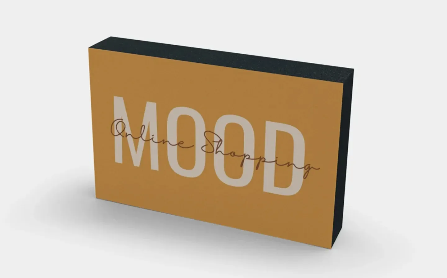 A wooden photo block inscribed with "mood" and a logo representing "mood online shopping"